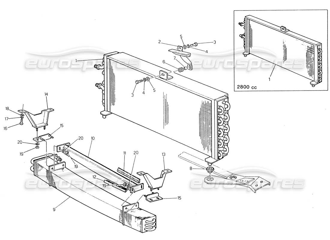 maserati 222 / 222e biturbo diagramma delle parti del condensatore superiore e inferiore (pre modifica).