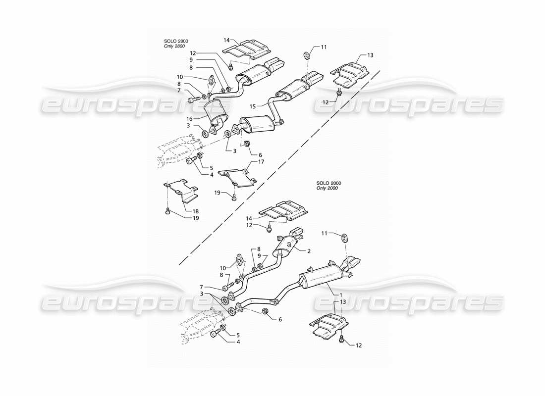 maserati qtp v6 (1996) sistema di scarico posteriore schema delle parti