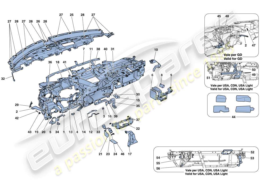 ferrari 488 gtb (rhd) cruscotto - sottostruttura diagramma delle parti