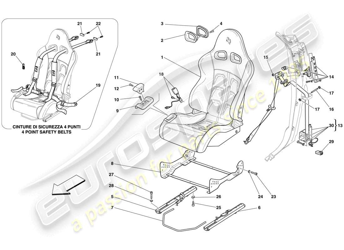 ferrari 599 gtb fiorano (rhd) sedile anteriore da corsa - guide e meccanismo schema delle parti