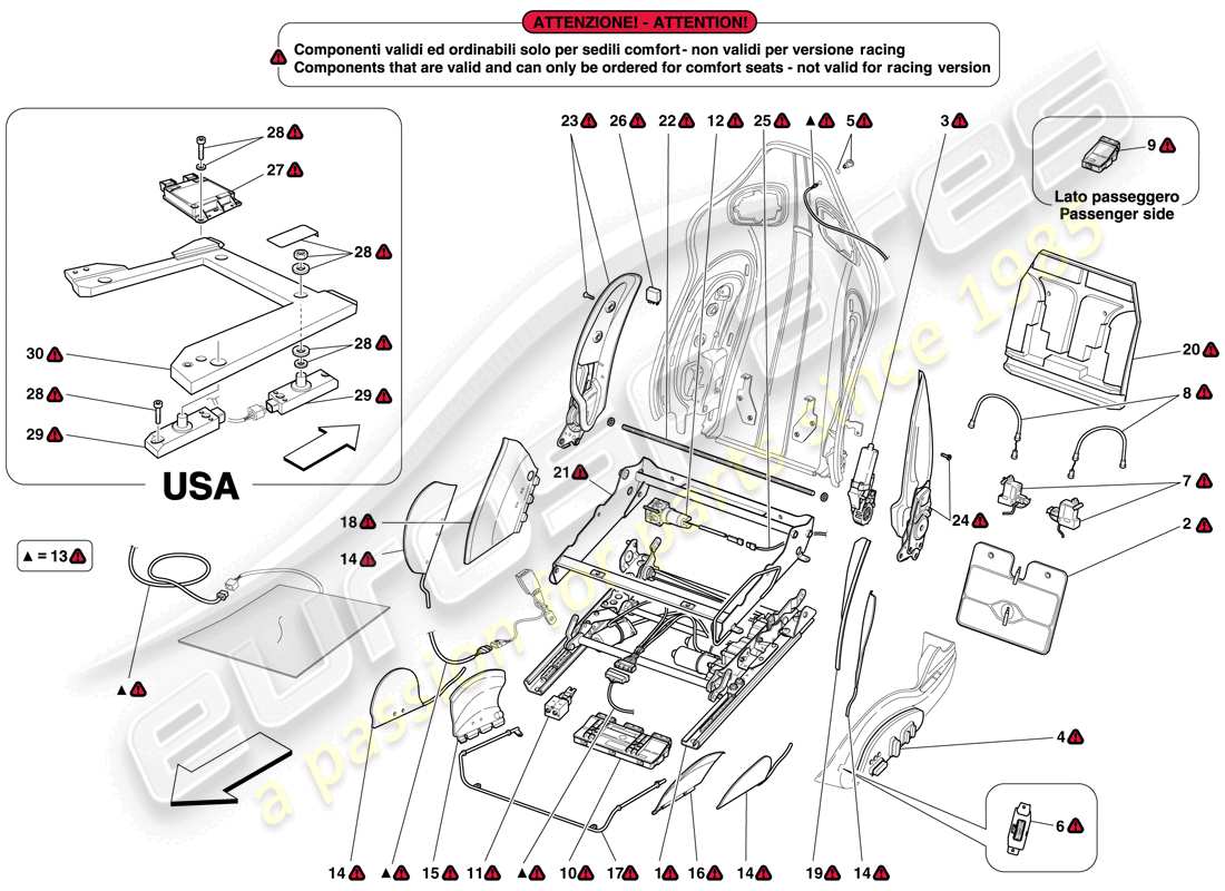 ferrari 599 sa aperta (rhd) sedile anteriore - guide e meccanismi di regolazione schema parte