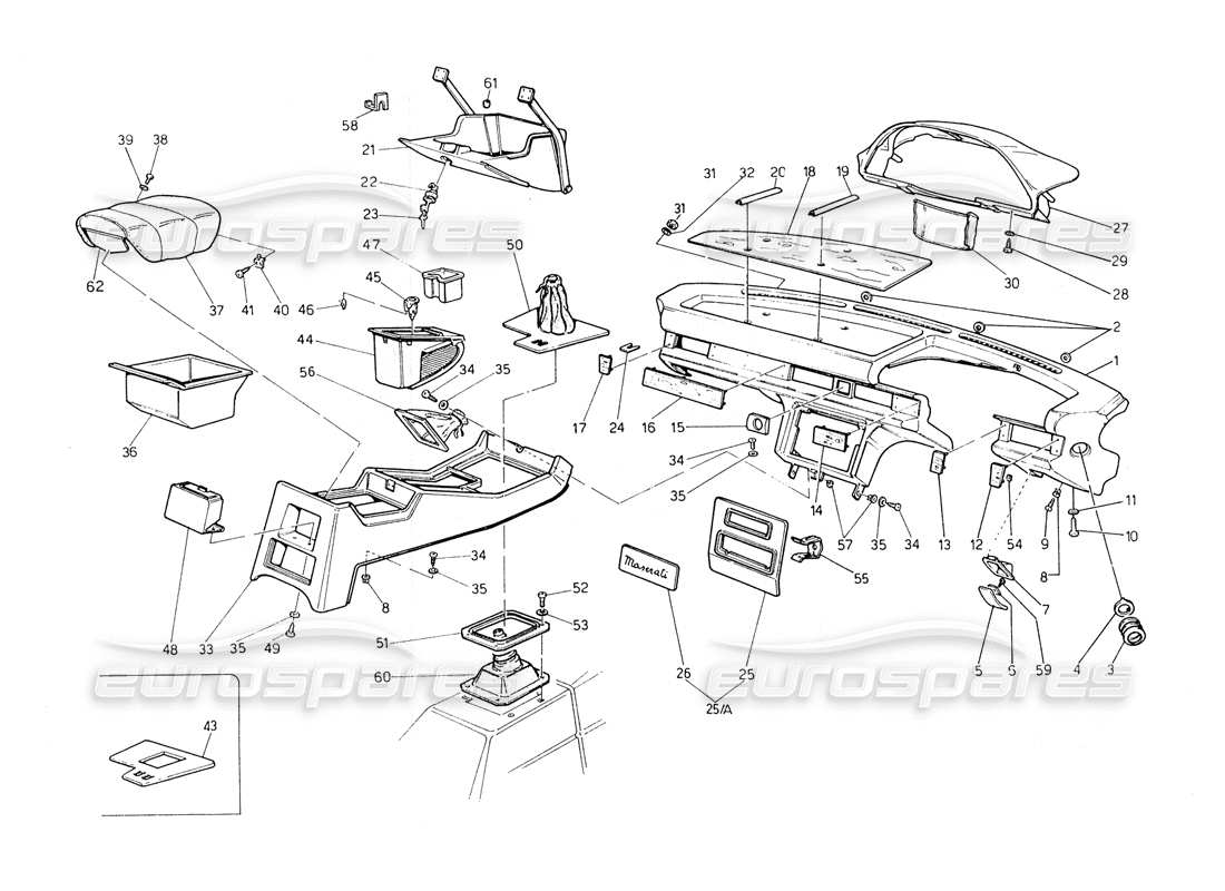 maserati biturbo spider schema delle parti del quadro strumenti e della console (sterzo destro).