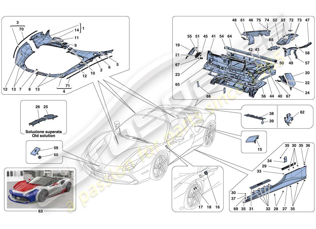 ferrari 488 spider (rhd) scudi - rivestimento esterno diagramma delle parti