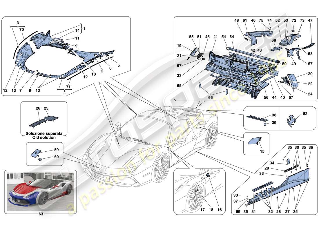 ferrari 488 spider (rhd) scudi - rivestimento esterno schema delle parti