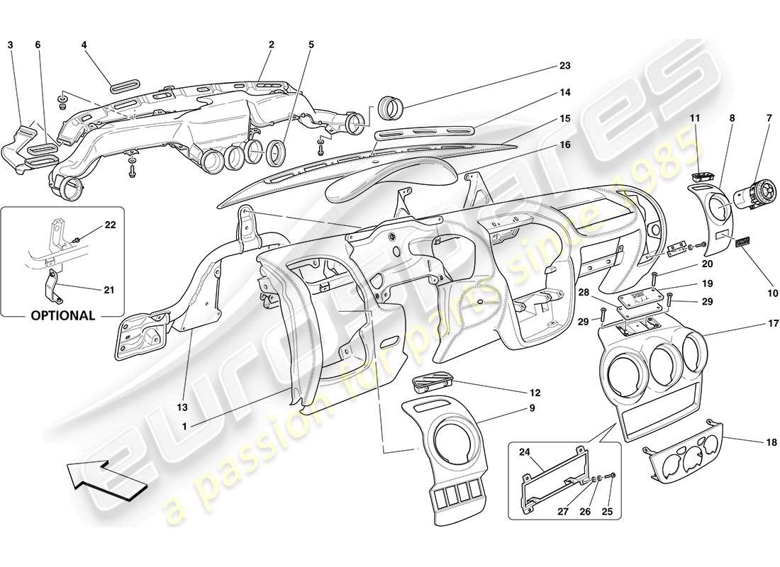 ferrari f430 coupe (rhd) diagramma delle parti del cruscotto