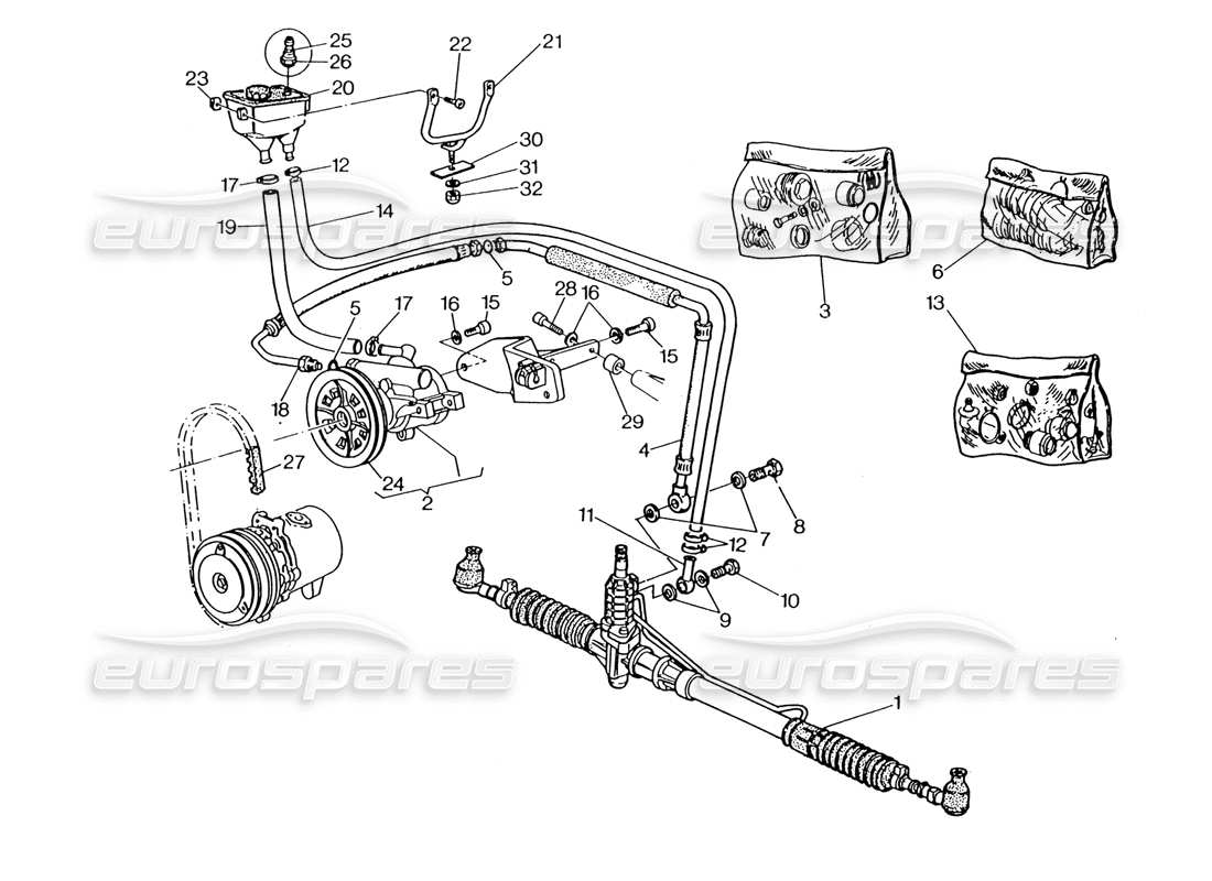 maserati 222 / 222e biturbo schema delle parti del sistema di servosterzo (sterzo destro).
