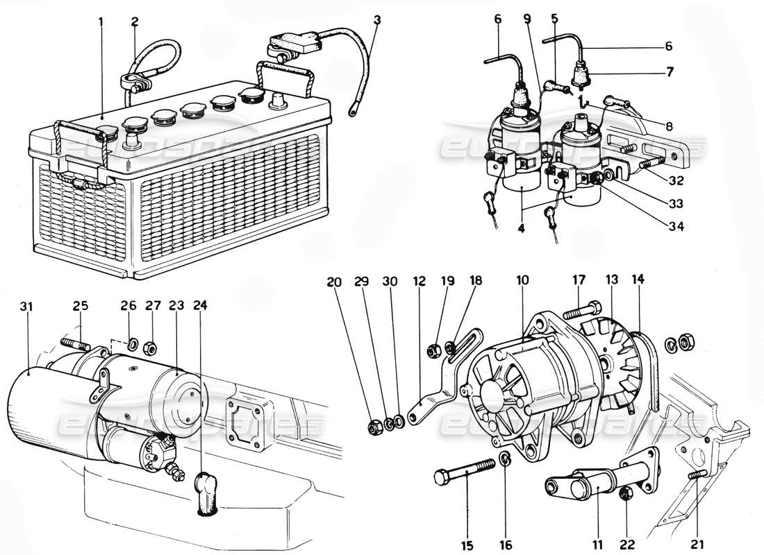 ferrari 365 gtc4 (mechanical) alternatore e motorino di avviamento - diagramma delle parti di revisione