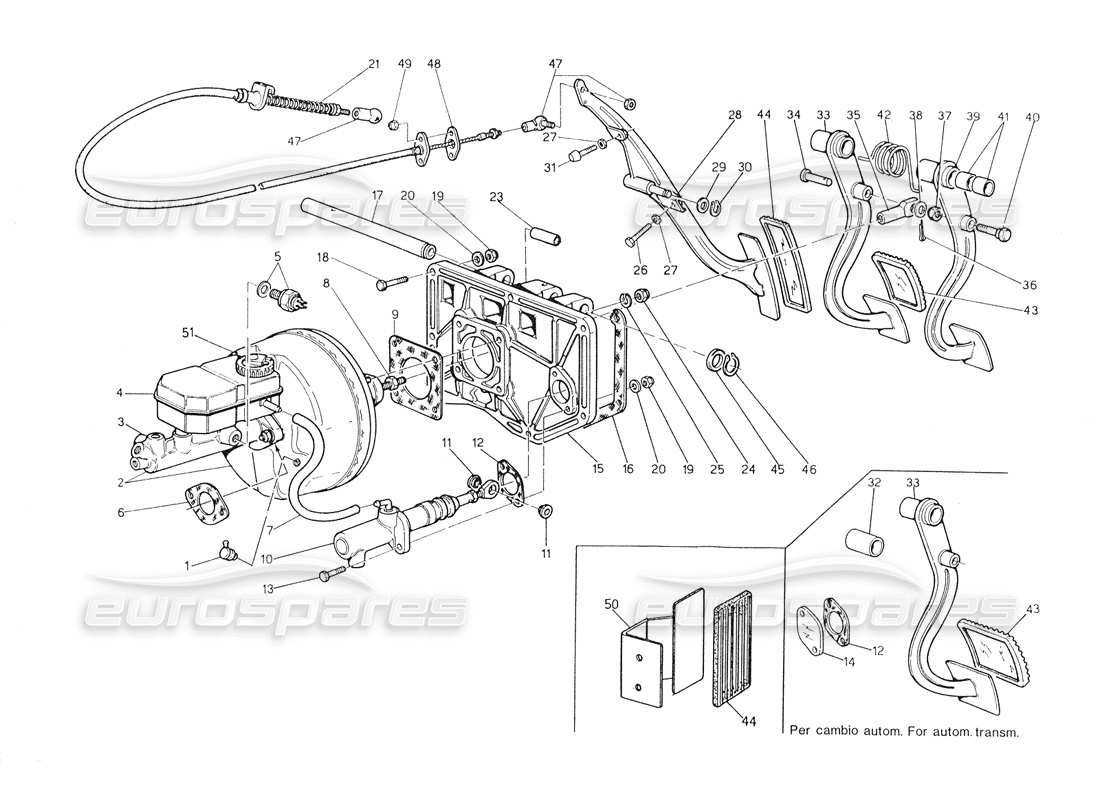 maserati biturbo spider gruppo pedale - pompa frizione servofreno per guida a destra schema delle parti