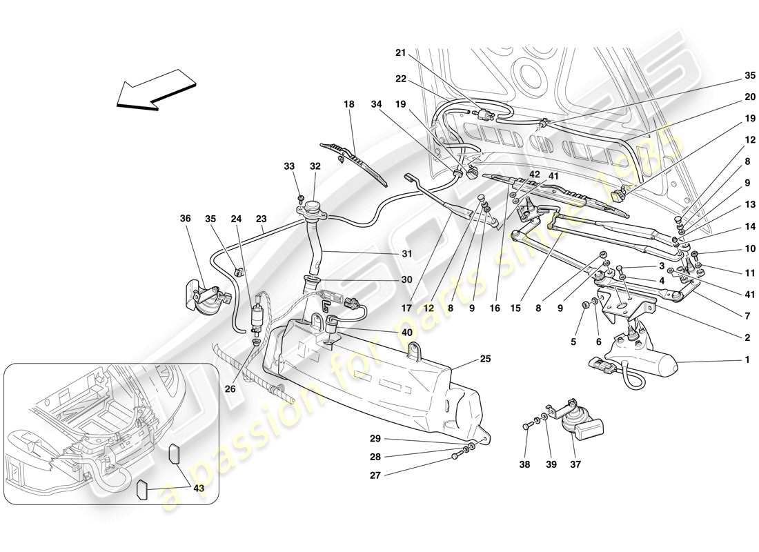 ferrari f430 spider (rhd) scheibenwischer, scheibe und hupen teilediagramm
