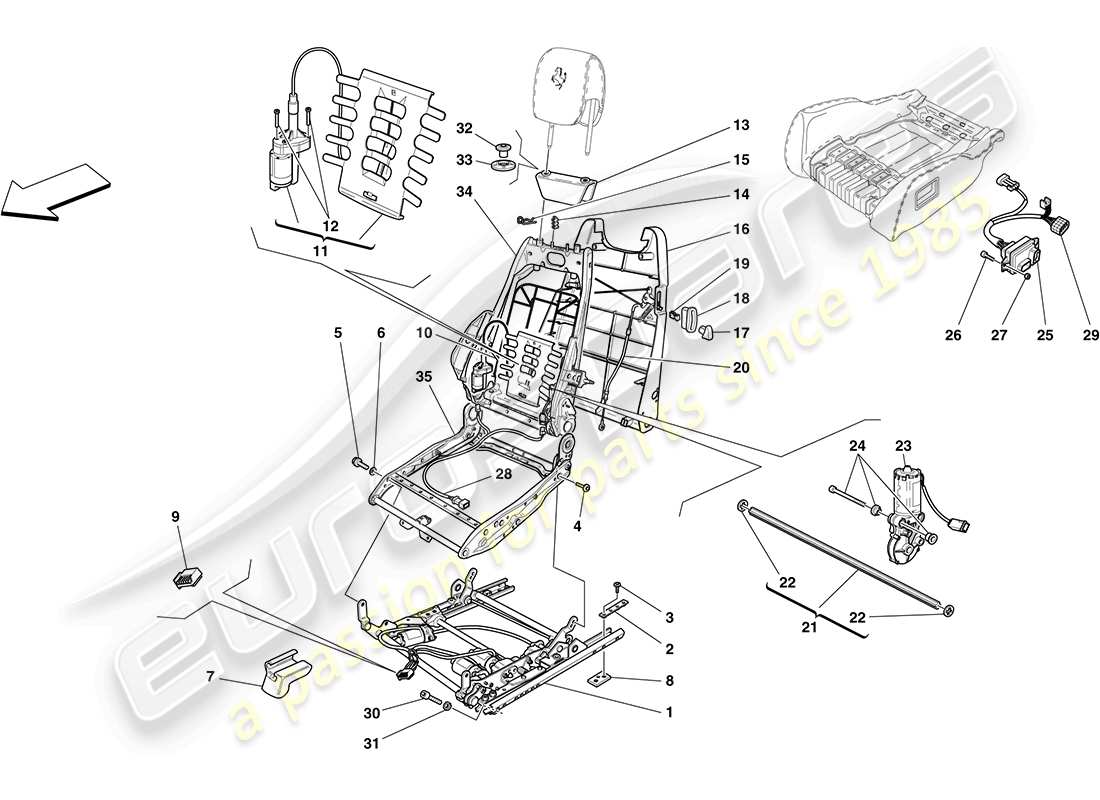 ferrari f430 coupe (rhd) sedile elettrico - guide e meccanismi di regolazione diagramma delle parti
