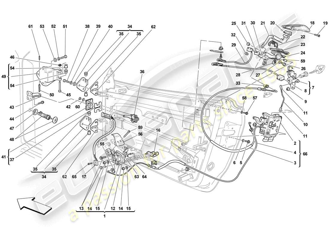 ferrari f430 scuderia (rhd) ante - meccanismo di apertura e cerniere diagramma delle parti