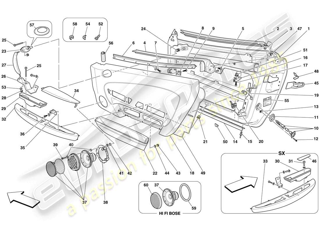 ferrari f430 spider (rhd) porte - sottostruttura e rivestimento schema delle parti