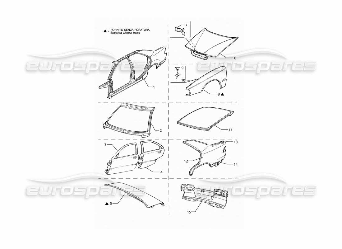 maserati qtp v8 (1998) scocca della carrozzeria: diagramma delle parti dei pannelli esterni (rhd).
