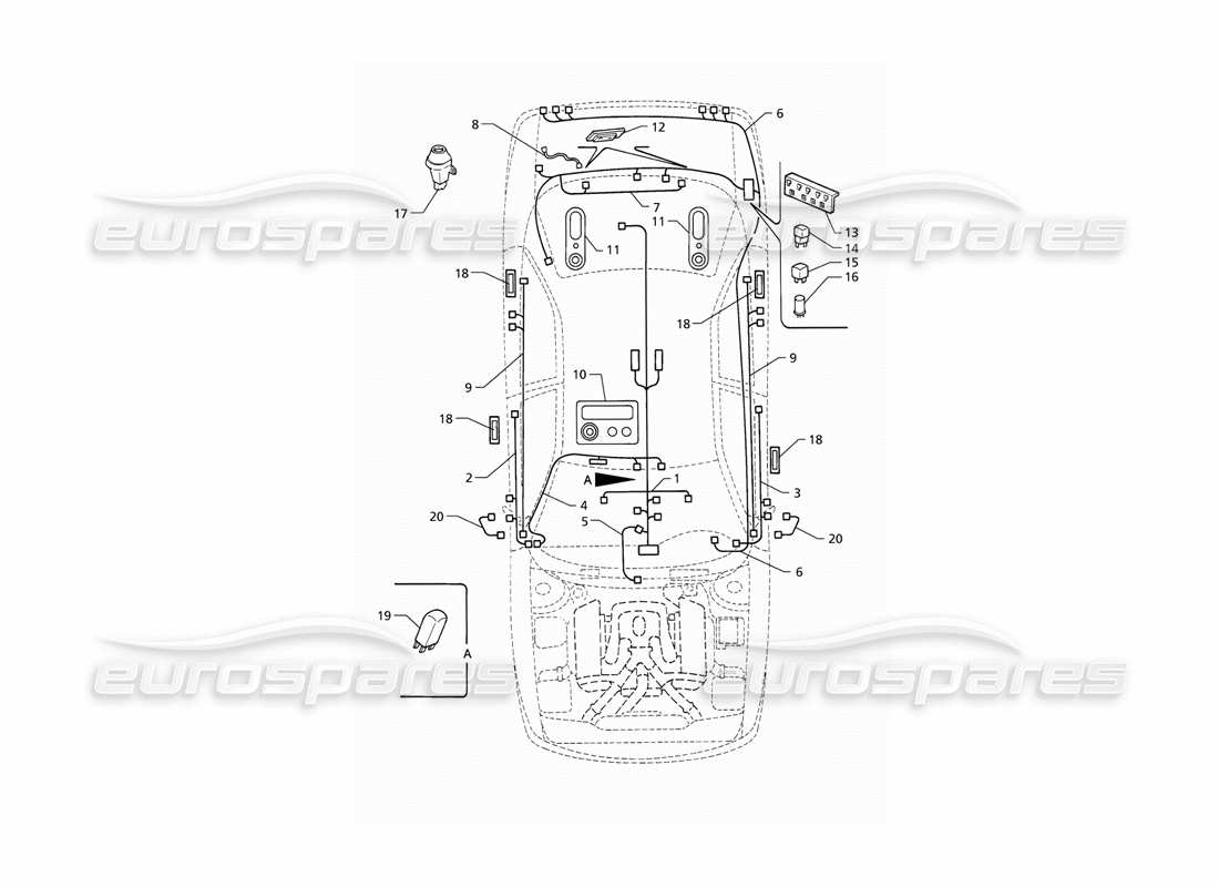 maserati qtp v6 (1996) impianto elettrico: schema particolare bagagliaio-porte-vano passeggero (lhd).