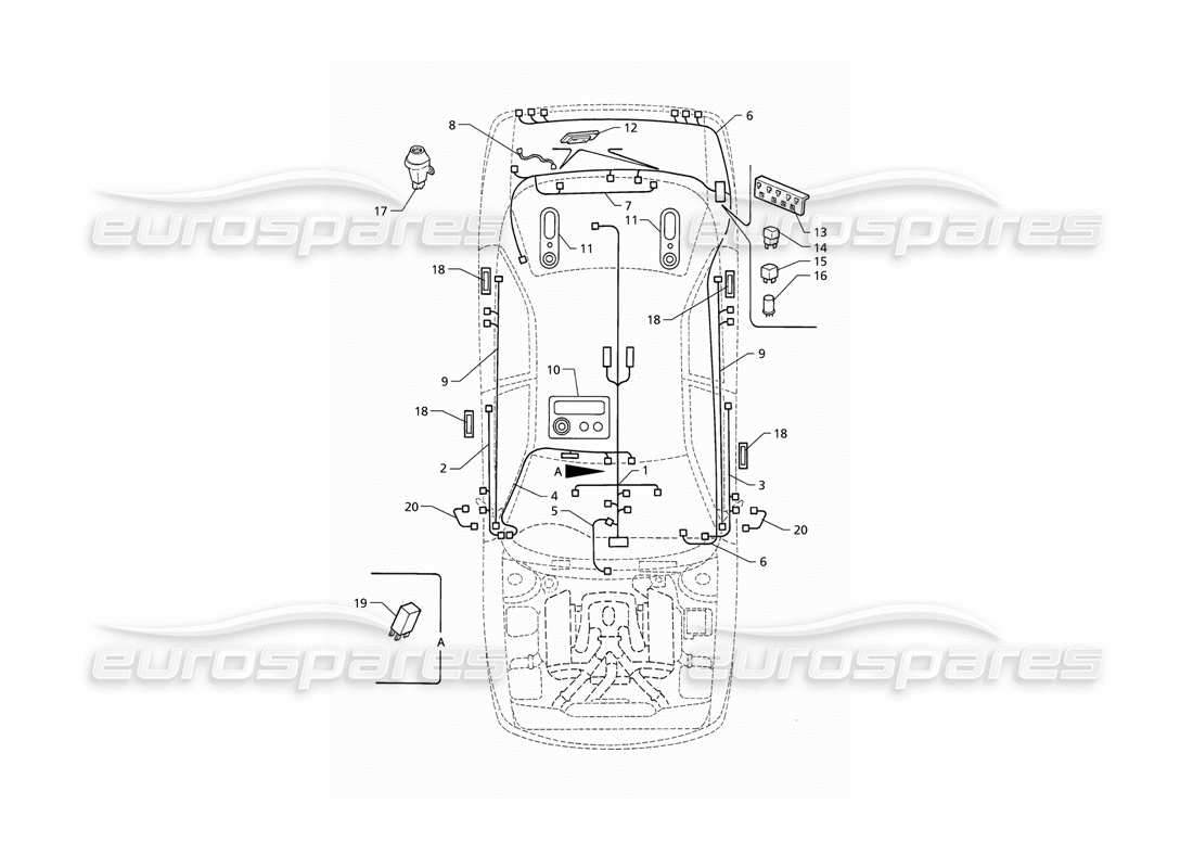 maserati qtp v6 (1996) impianto elettrico: schema particolare bagagliaio-porte-vano passeggero (rhd).