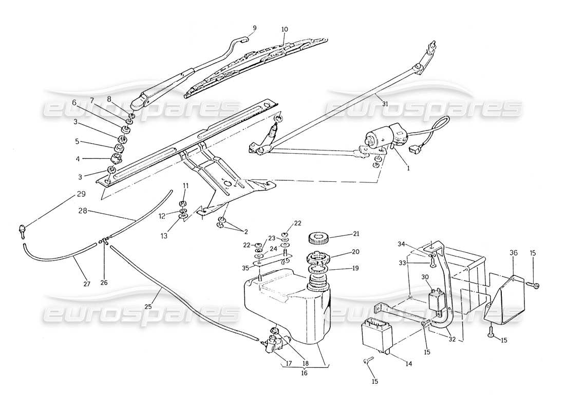 maserati karif 2.8 schema delle parti tergicristallo - rondella (auto con sterzo destro).