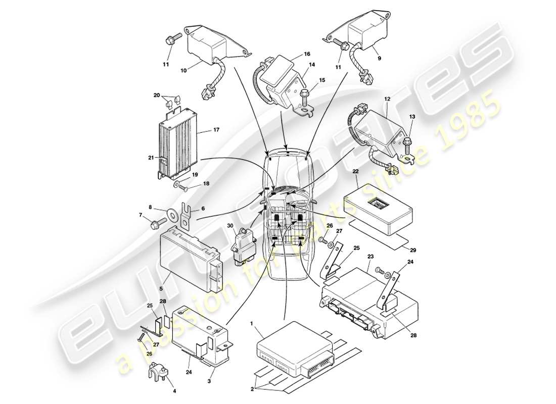 aston martin v8 volante (2000) diagramma delle parti dei moduli di controllo elettronico