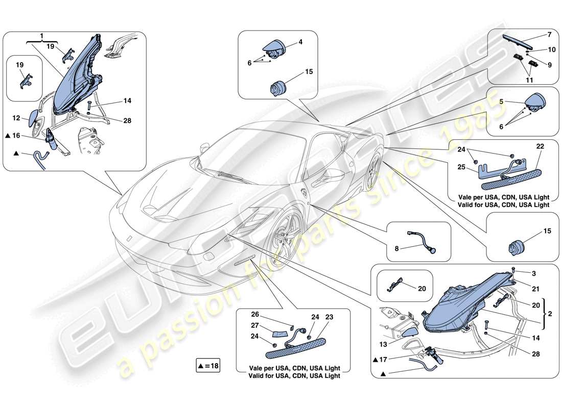 ferrari 458 speciale (europe) fari e fanali posteriori schema delle parti