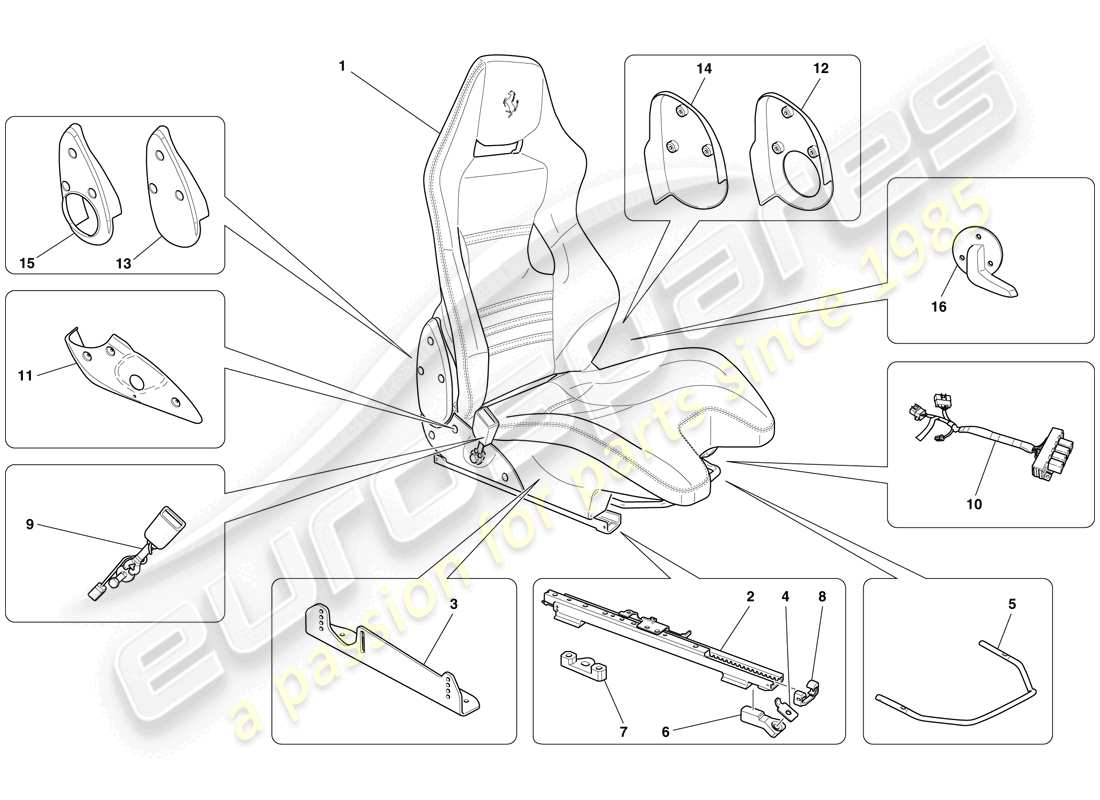 ferrari 599 gto (usa) sedile anteriore da corsa - guide e meccanismo diagramma delle parti