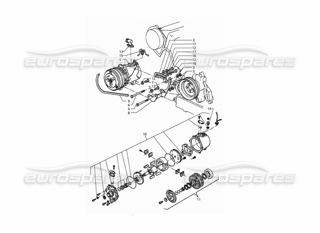 maserati qtp. 3.2 v8 (1999) diagramma delle parti del compressore d'aria e delle staffe