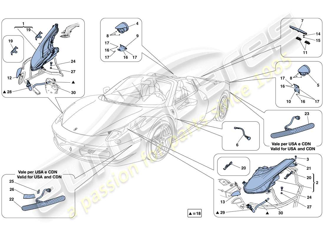 ferrari 458 spider (rhd) fari e fanali posteriori schema delle parti