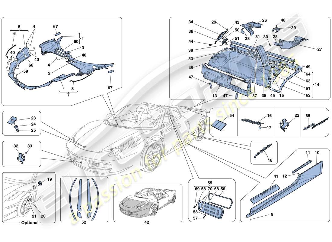 ferrari 458 spider (rhd) scudi - rivestimento esterno schema delle parti