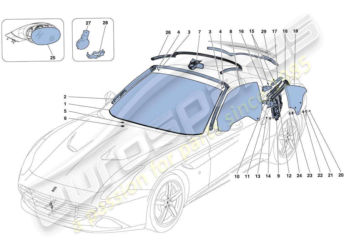 ferrari california t (rhd) schermi, finestre e guarnizioni schema delle parti