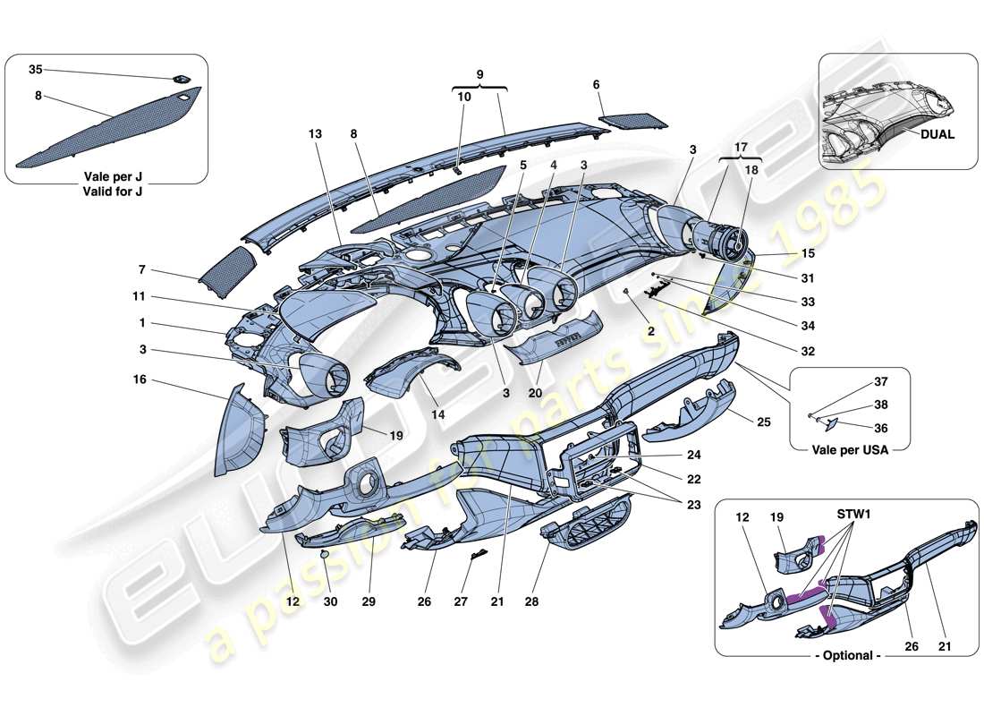 ferrari california t (europe) cruscotto - rivestimento diagramma delle parti