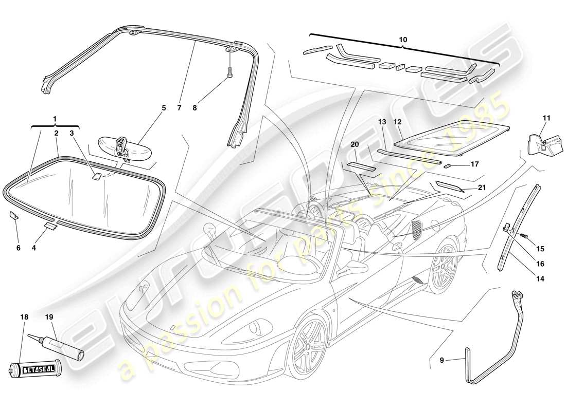 ferrari f430 spider (europe) schermi, finestre e guarnizioni diagramma delle parti