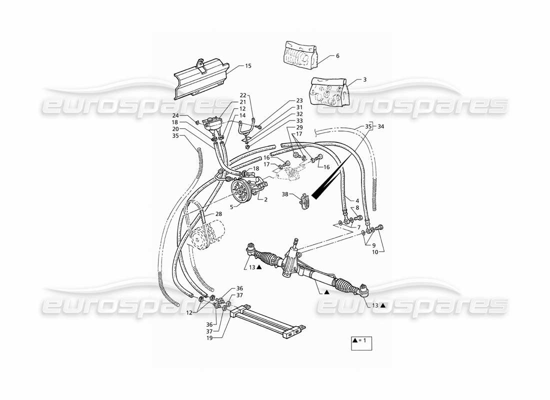 maserati qtp v6 (1996) sistema di servosterzo (rhd) diagramma delle parti
