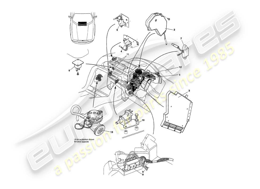 aston martin v8 volante (1999) diagramma delle parti di sensori, interruttori, solenoidi, motori ecc