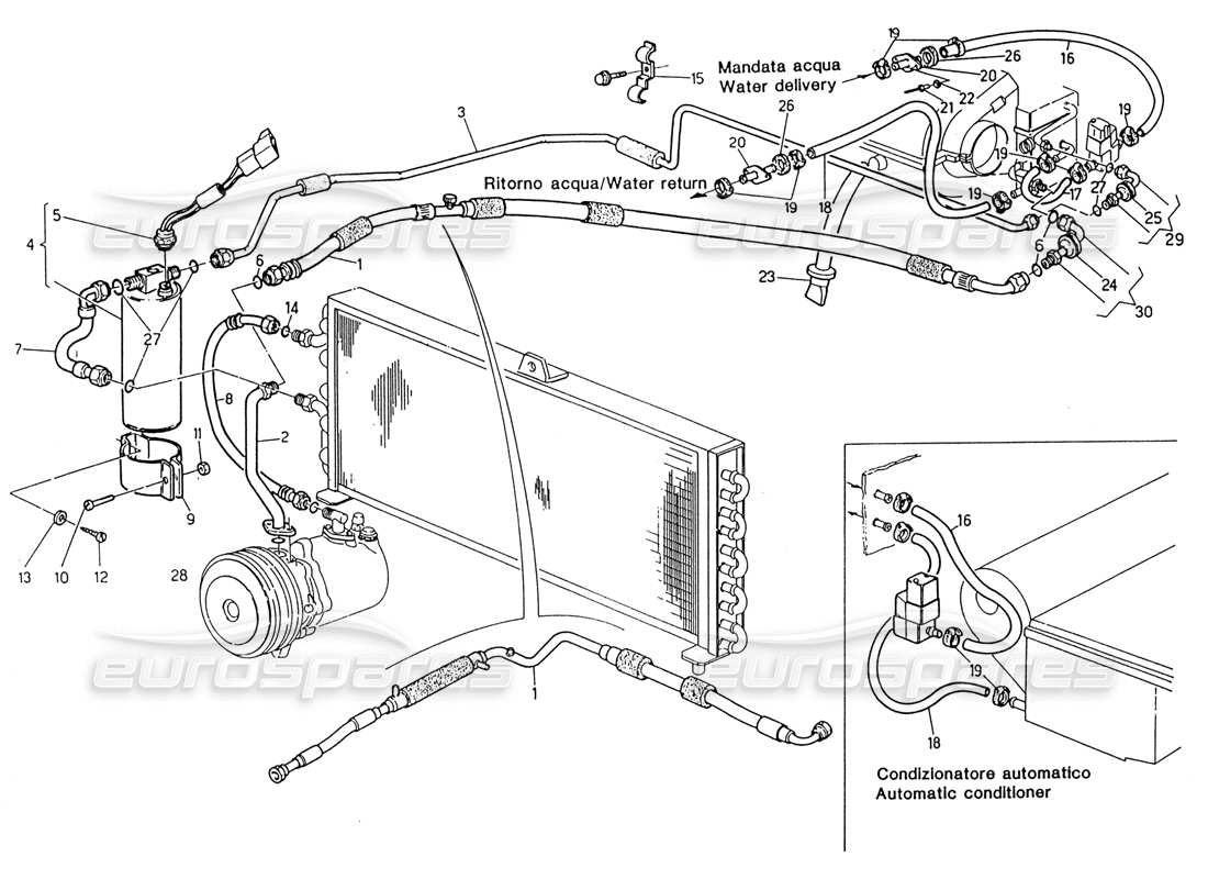 maserati 222 / 222e biturbo schema delle parti del sistema di climatizzazione dello sterzo destro (dopo la modifica).