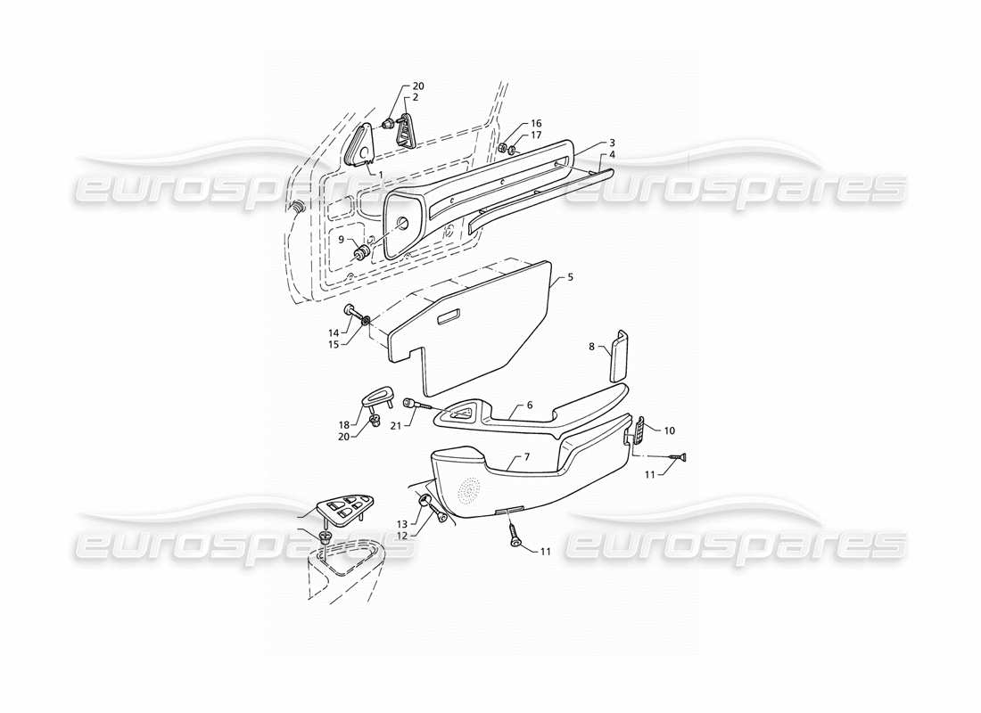 maserati qtp v6 (1996) rivestimenti interni: diagramma delle parti dei pannelli delle porte anteriori (lhd).