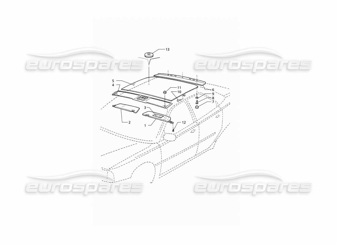 maserati qtp v8 (1998) rivestimenti interni: diagramma delle parti del tetto (rhd).
