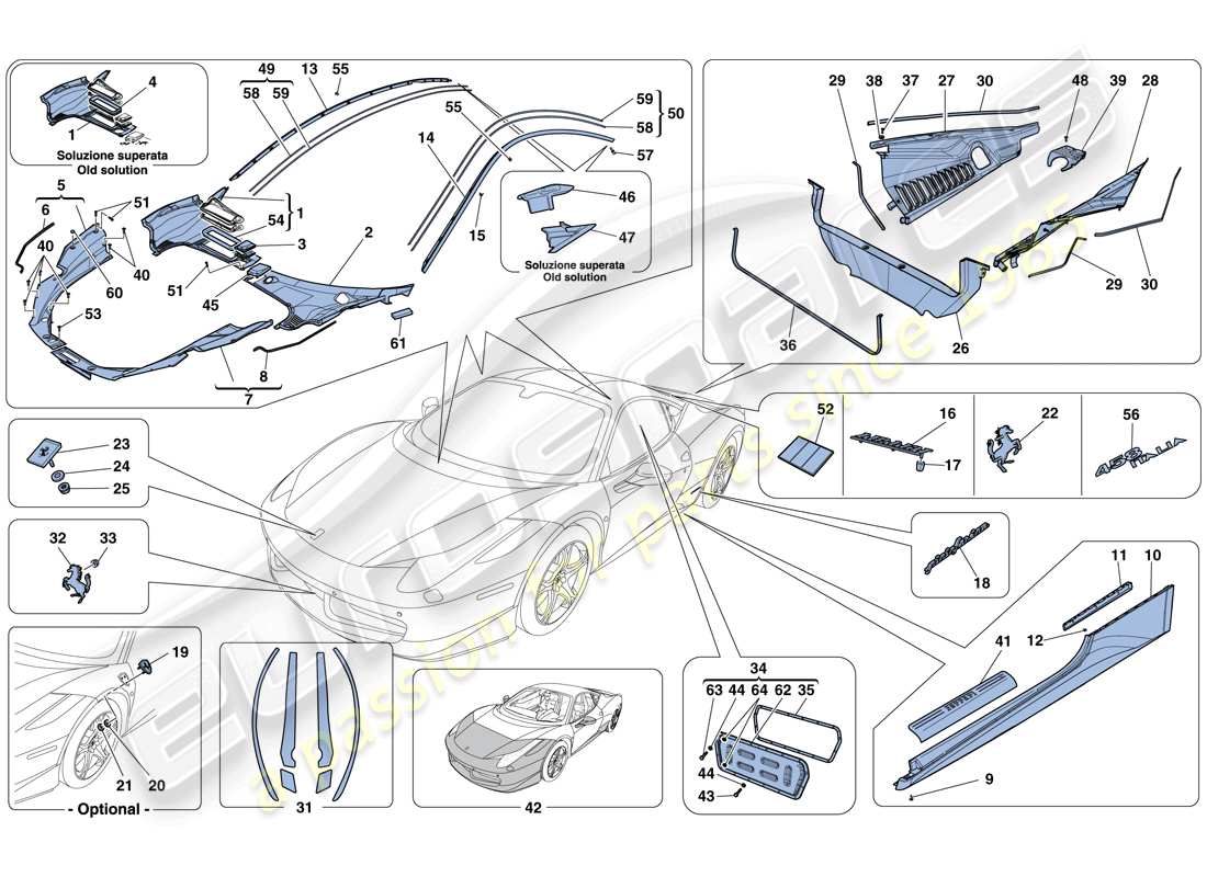 ferrari 458 italia (europe) scudi - rivestimento esterno diagramma delle parti