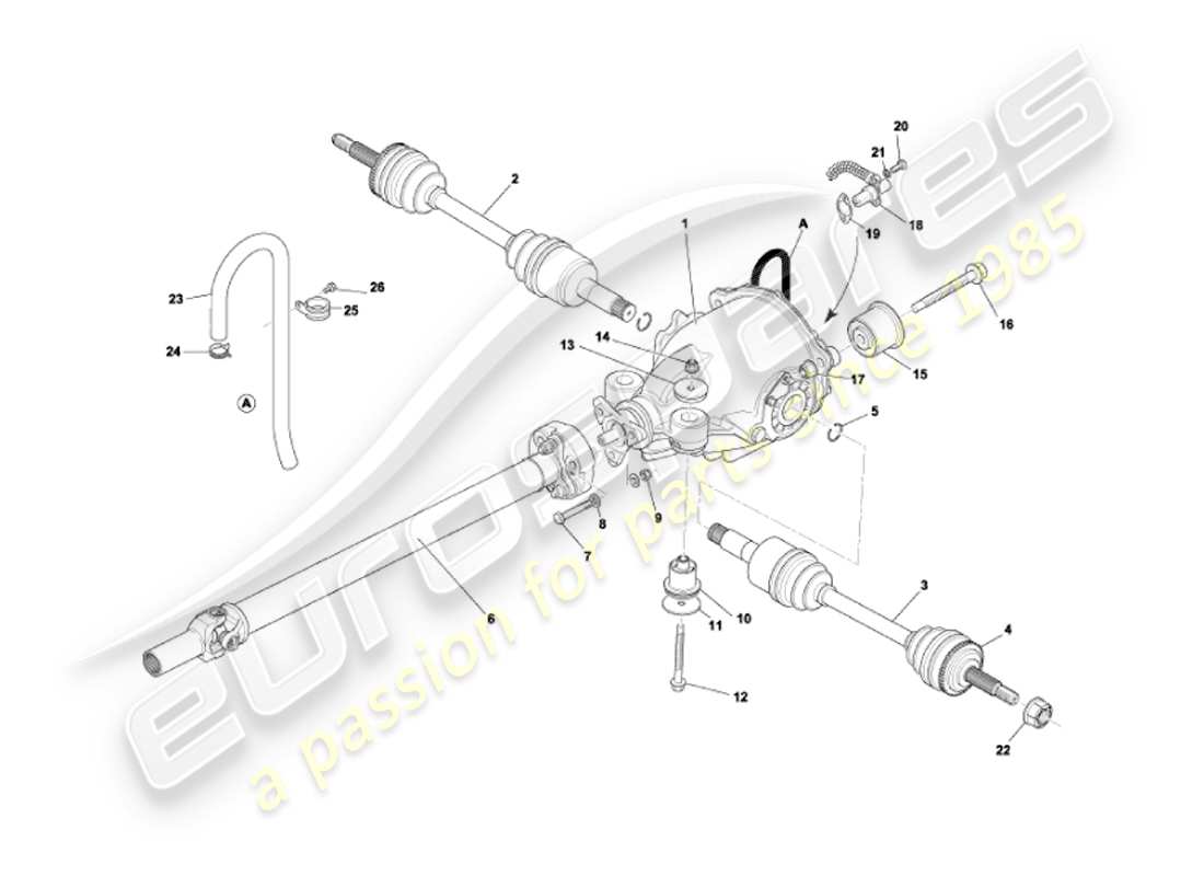 aston martin vanquish (2007) diagramma delle parti del gruppo differenziale, trasmissione e alberi di trasmissione