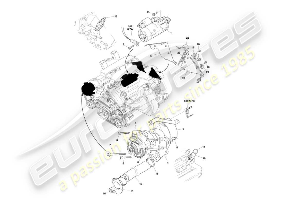 aston martin vanquish (2003) componenti elettrici del motore diagramma delle parti