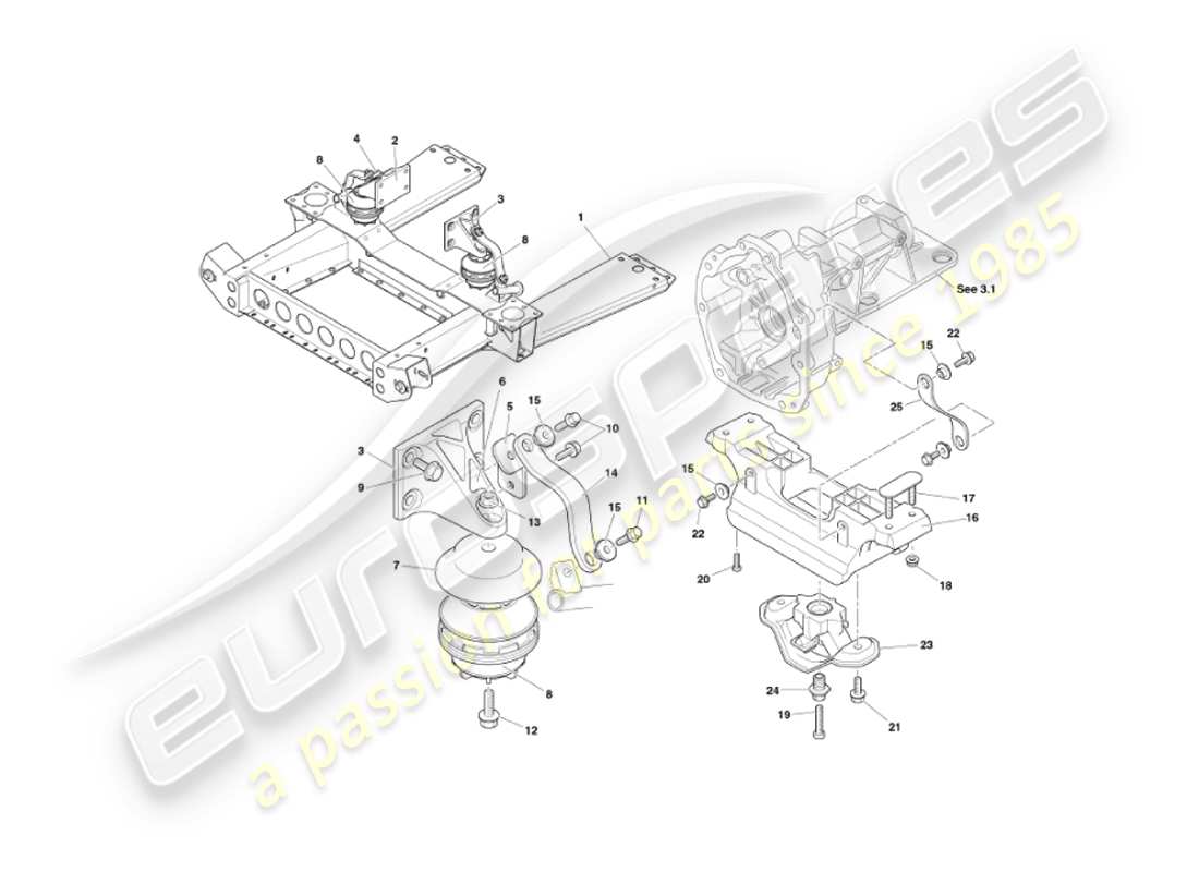 aston martin vanquish (2003) diagramma delle parti dei supporti del motore