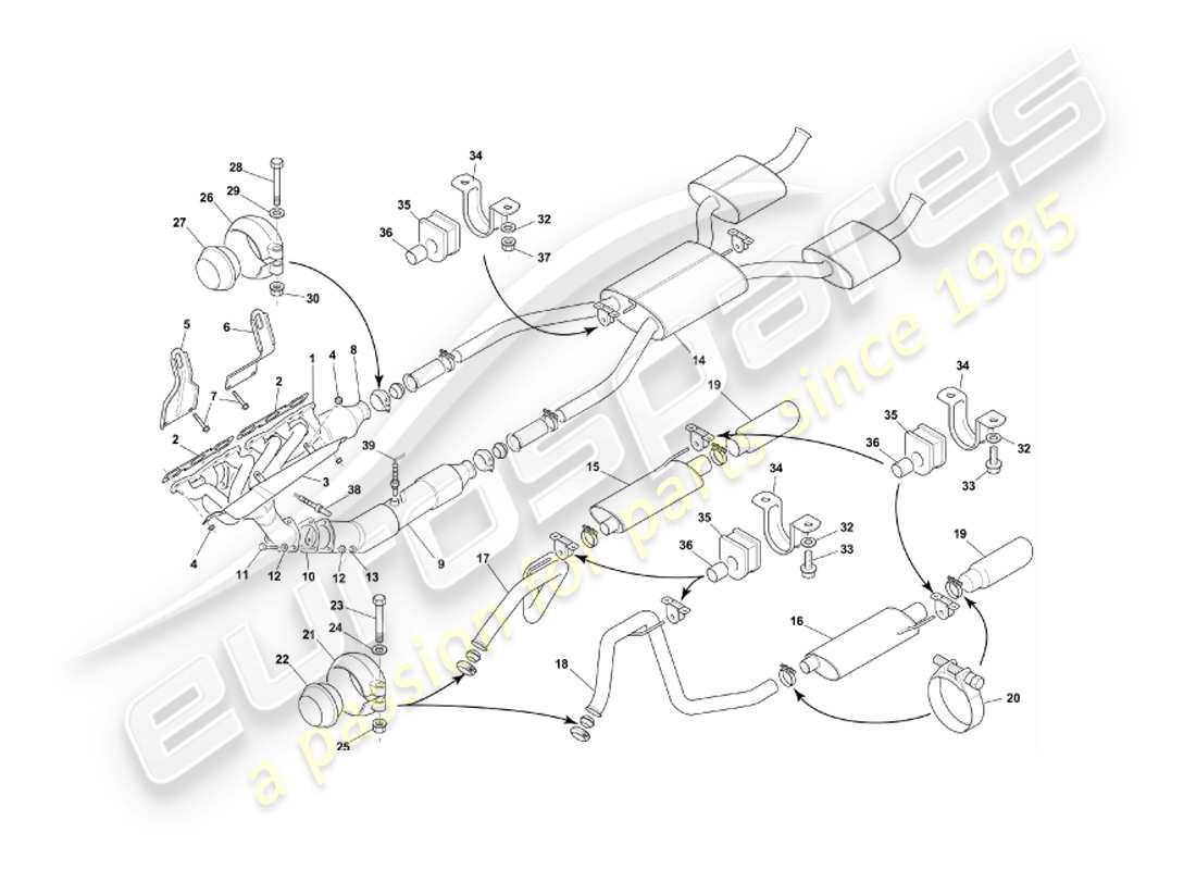 aston martin db7 vantage (2003) diagramma delle parti del sistema di scarico