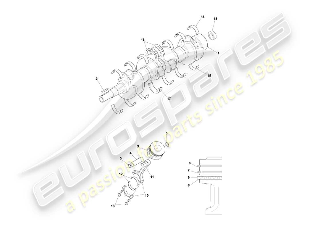 aston martin vanquish (2005) diagramma delle parti di albero motore, pistoni e aste