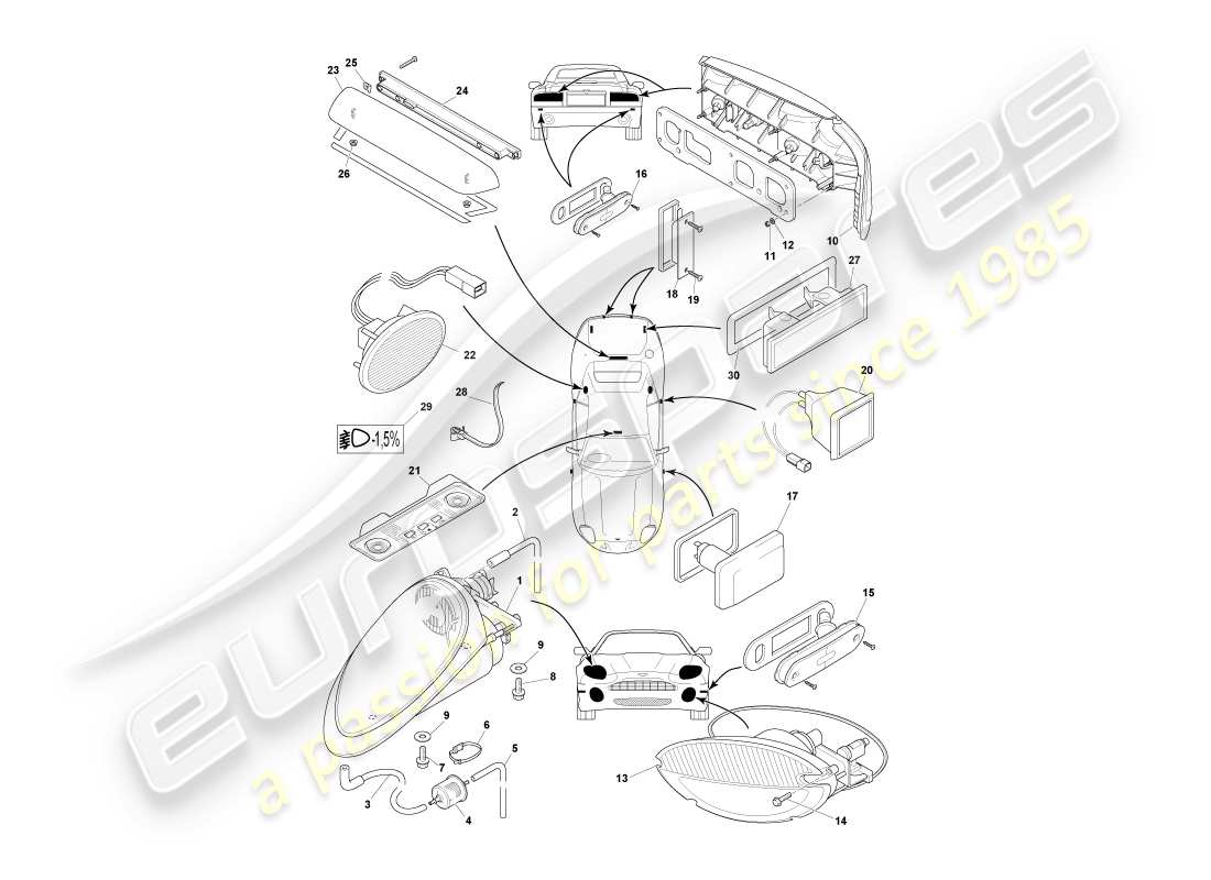 aston martin db7 vantage (2001) diagramma delle parti di lampade e lampadine