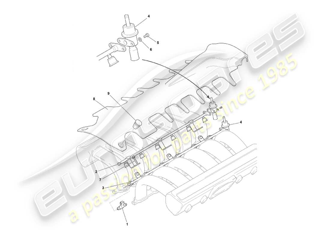 aston martin db7 vantage (2004) diagramma delle parti dei rail e degli iniettori del carburante
