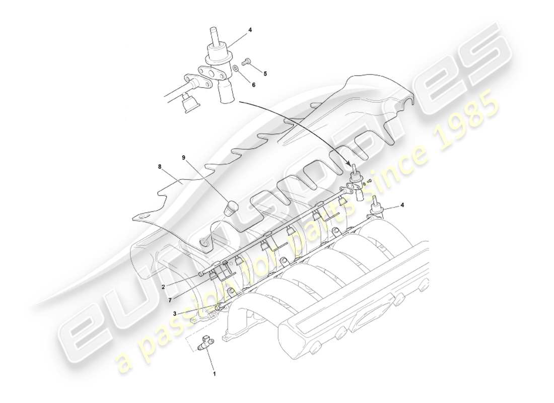aston martin db7 vantage (2003) diagramma delle parti dei rail e degli iniettori del carburante