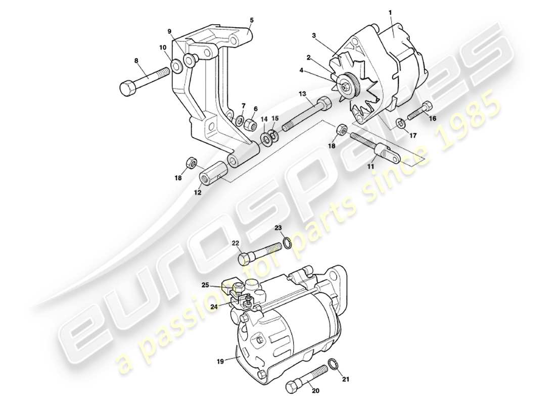 aston martin v8 volante (1997) diagramma delle parti del generatore, del motorino di avviamento e della pompa dell'aria