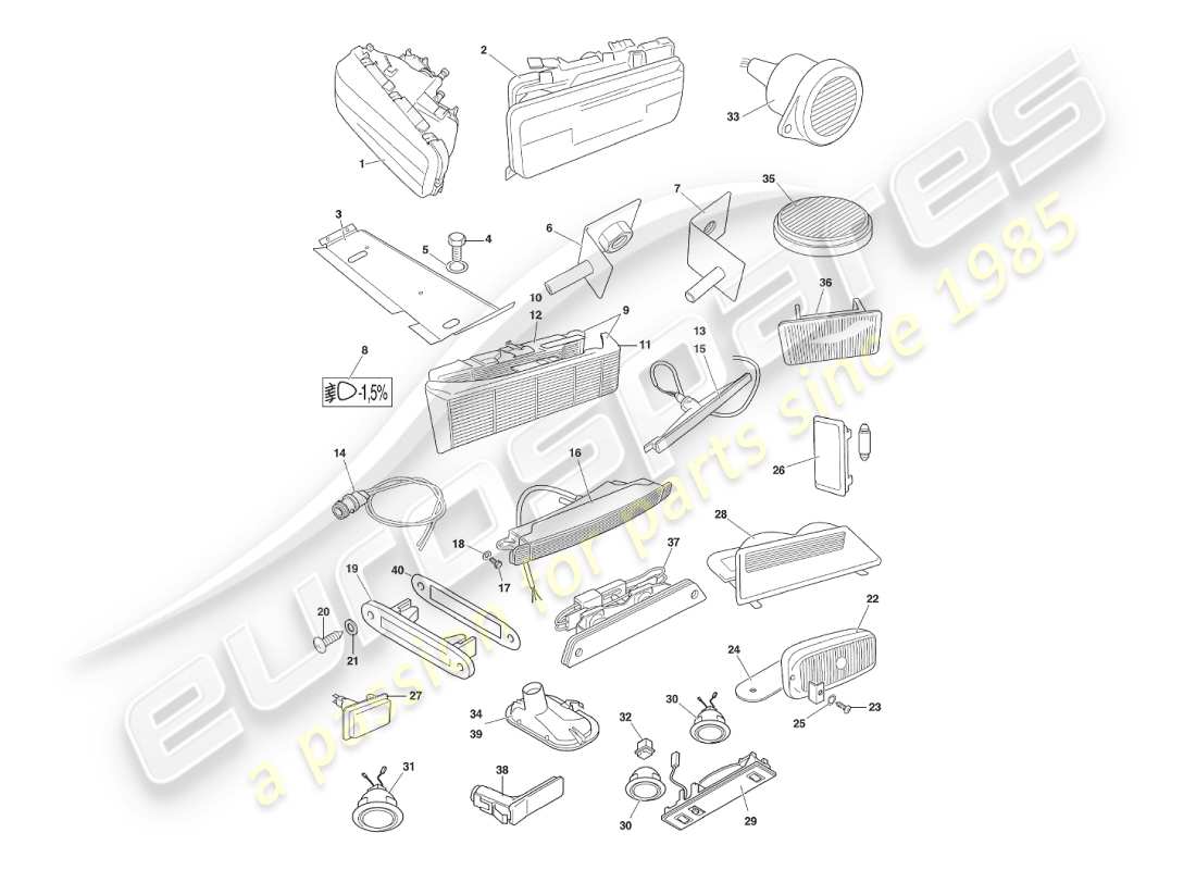 aston martin v8 virage (1999) diagramma delle parti di lampade e lampadine