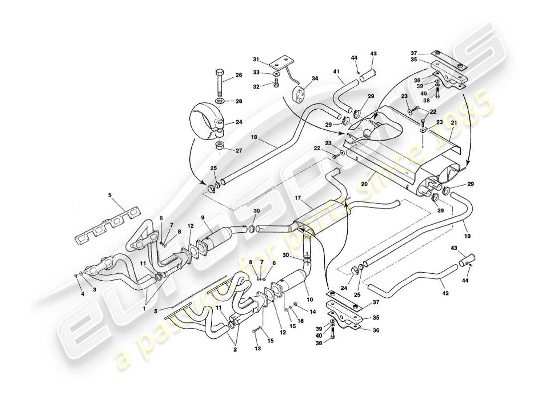 aston martin v8 coupe (1999) diagramma delle parti del sistema di scarico
