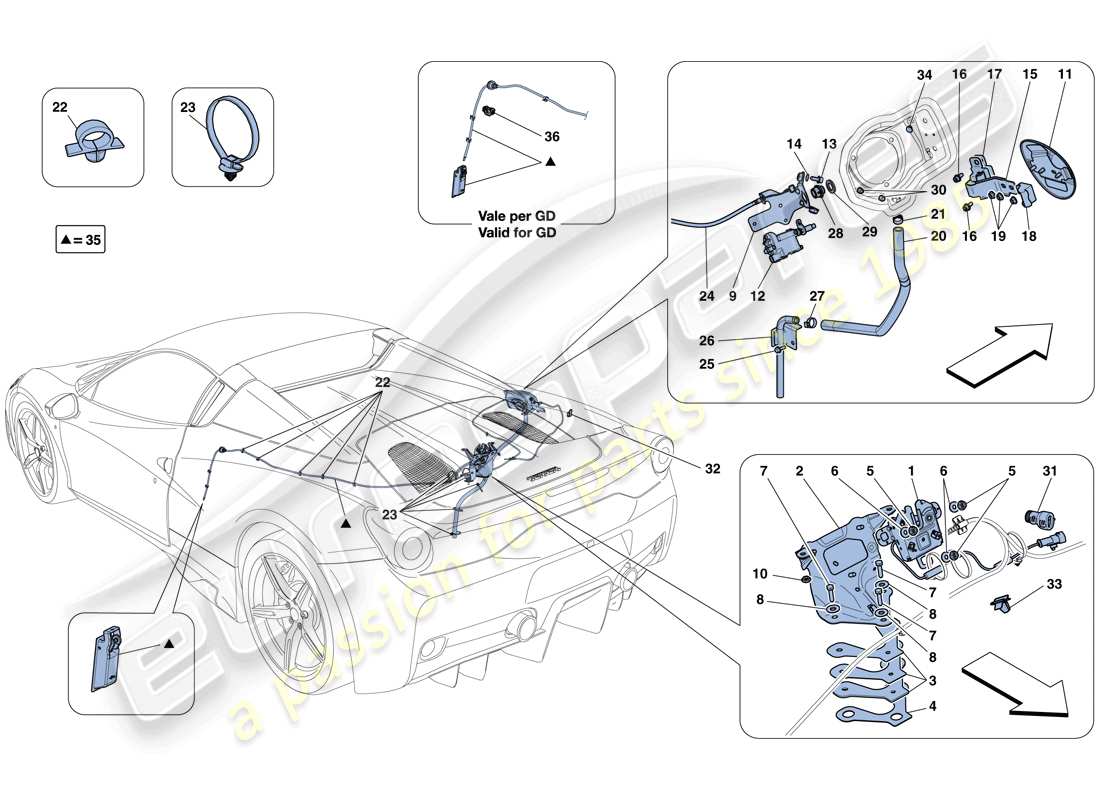 ferrari 458 speciale aperta (usa) meccanismi di apertura del coperchio del vano motore e dello sportello del riempimento carburante schema delle parti