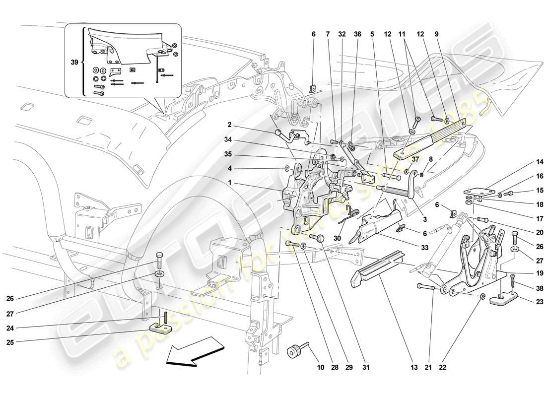 ferrari f430 scuderia (rhd) cinematica del tetto - parte inferiore schema delle parti