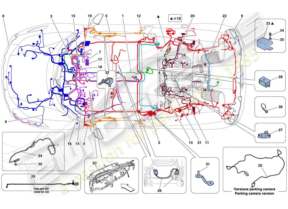 ferrari 458 spider (rhd) cablaggi principali diagramma delle parti