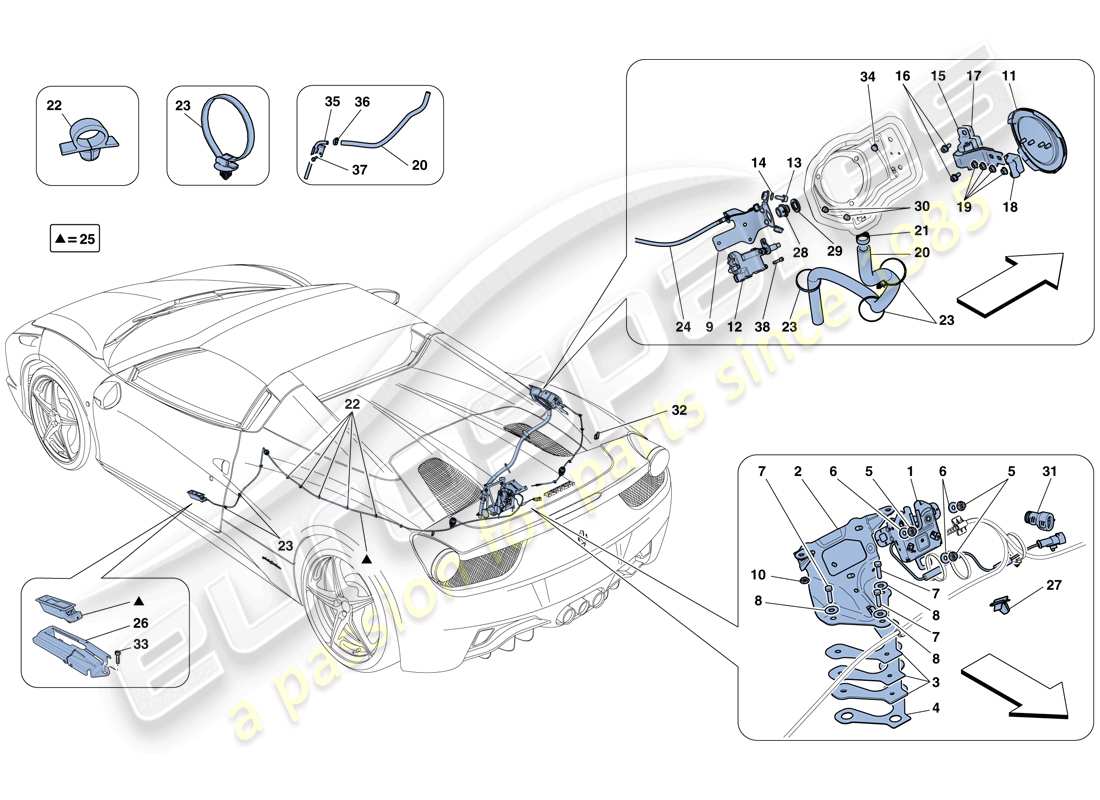 ferrari 458 spider (rhd) meccanismi di apertura del coperchio del vano motore e dello sportello del riempimento carburante schema delle parti